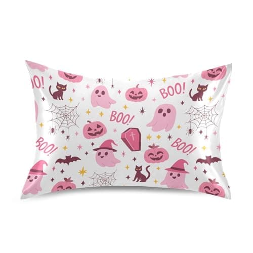 Halloween Pink Ghost Pumpkin Pillow Covers Silk Pillowcase for Hair and Skin Soft and Smooth Cooling Satin Pillowcase Standard Size Pillow Case for Women Hot Sleepers, 20x26 Inch