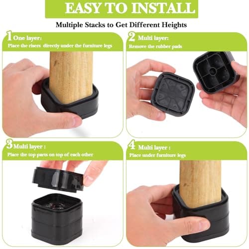 Yookwutar 4 Pack Furniture Risers 1 Inch, Adjustable Bed Risers Heavy Duty for Table Desk Couch Chair Sofa Cabinet Bed Legs Dorm, Square Stackable Bed Raisers Blocks Lift Height 1", 2" or 3", Black 6