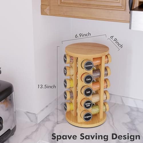 New England Stories Revolving Spice Rack Set with 20 Spice Jars, Kitchen Spice Tower Organizer for Countertop or Cabinet - Carousel Storage Includes 386 Spice Labels (Bamboo) 4