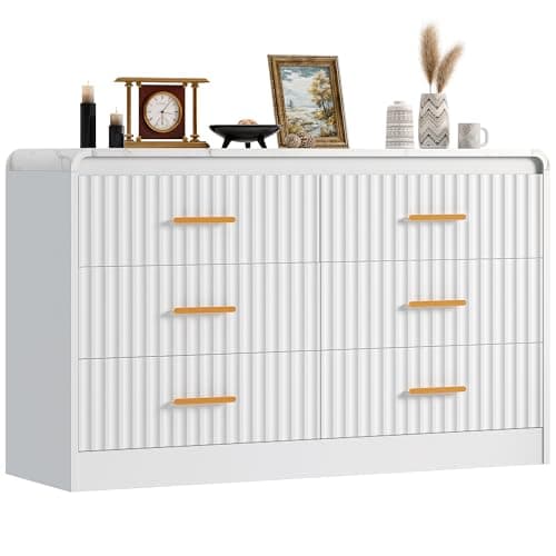 YITAHOME 6-Drawer Dresser with Built-in Power Outlet, Wood TV Stand with 6 Large Drawers and Bar Handles, White Dresser Chest of Drawers for Living Room, Hallway, Entryway