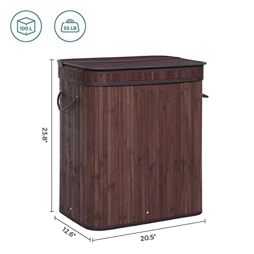SONGMICS Laundry Hamper with Lid, Bamboo Launry Basket with Handles, Foldable Storage Basket for Laundry Room, Bedroom, 100L, Brown ULCB063K02 5