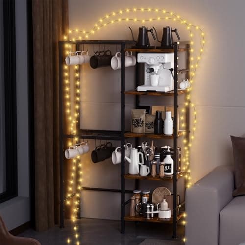 OMISRUIS 5-Tier Pot and Pan Organizer Rack with Hooks, Heavy-Duty Kitchen Storage Shelf for Cookware, Dishes, and Utensils, Freestanding Metal Pot Rack Organizer for Kitchen, Pantry, or Dining Room 9