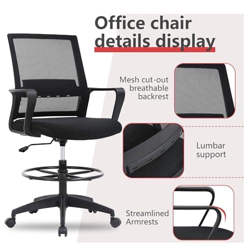 BestOffice Drafting Chair Tall Office Chair Adjustable Swivel Rolling Mesh Height with Lumbar Support Arms Footrest Mid Back for Adults Standing Desk Drafting Stool(Black) 6