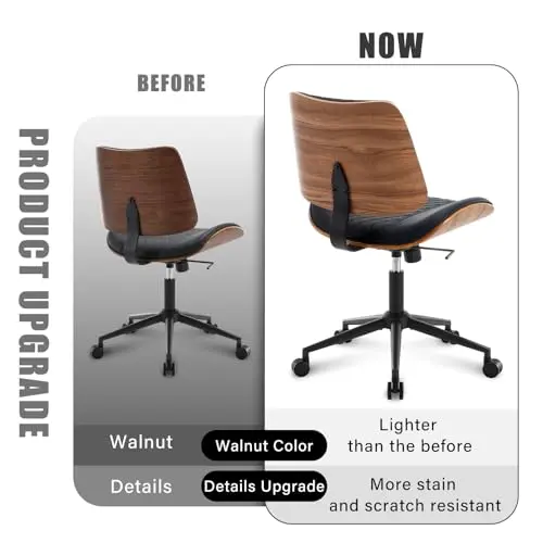 BERYTH Home Office Chair No Arms with Wheels, Adjustable Height Small Desk Chair, PU Leather Mid Back 360 Swivel Computer Chair, Armless Modern Walnut Chair for Office, Reading Meeting Room(Black) 8