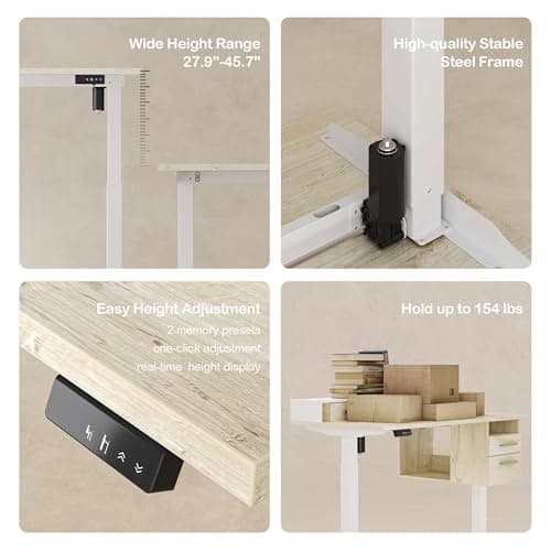 ModernMate Electric Standing Desk with 4 Drawers, 46 x 28 Inch Height Adjustable Whole Piece Sit Stand Desk, Computer Home Office Workstation with Open Storage Shelf, Light Wood 5