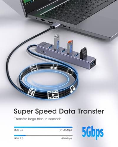 FORIDA Aluminum Alloy 8 Port USB Hub Long Cable USB Splitter with 7-USB3.0 Data Ports and TypeC 5V/3A Power Port Compatible with MacBook, Laptop,Surface Pro, PS5, PC and More (Gray, USB A-47in) 5