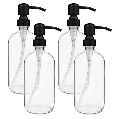 Suwimut 4 Pack Glass Soap Dispenser with Matte Black Stainless Steel Pump, 16 Oz Clear Boston Round Bottles Bathroom Kitchen Soap Dispenser for Essential Oil, Dish Soap, Hand Soap, Lotion Soap