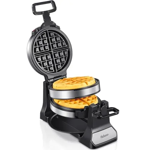 Belgian Waffle Maker, Classic Rotating Waffle Iron with Nonstick Plates, Removable Drip Tray and Cool Touch Handles, Double Flip Waffle, Rotating Belgium Waflera Maker by Yabano, Brushed Stainless