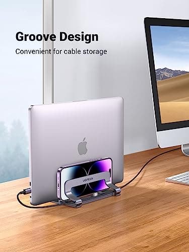 UGREEN 2-Slot Vertical Laptop Stand Holder Desk Compatible with MacBook Pro Air Laptop Stand Desktop Adjustable, Lenovo Ideapad, Surface Book, HP Notebook, Dell Chromebook Up to 17.3 Inch, Space Gray 6