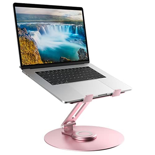 Swivel Laptop Stand for Desk, Adjustable Height Aluminum Computer Stand with 360 Rotating Base, Foldable Ergonomic Riser, Portable Laptop Holder Compatible with MacBook, All Laptops 10-17'', Pink