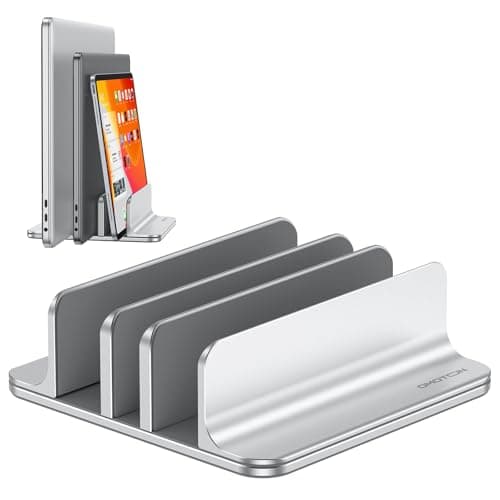 OMOTON 3-Slot Vertical Laptop Stand, Desktop Aluminum Stand for MacBook with Adjustable Dock Size, Fits All MacBook, Surface, Chromebook and Gaming Laptops (Up to 17.3 inches), Bright Silver