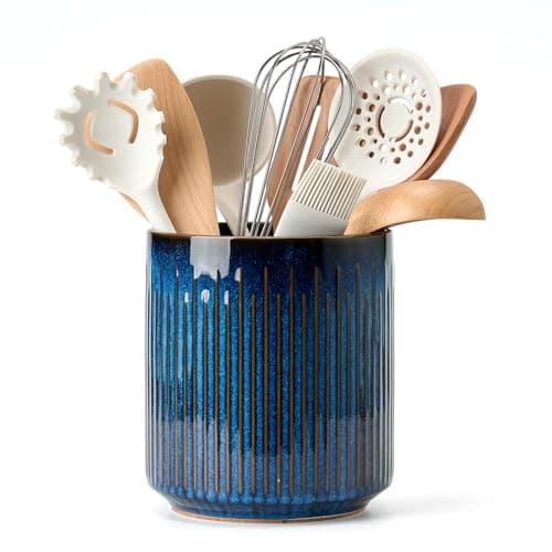 JIEMEI HOME Kitchen Utensil Holder, 7.2" Large Ceramic Stable Utensil Crock for Kitchen Counter, Utensil Holder with Cork Mat, Removable Bamboo Divider for Easy, Kitchen Decor, Special Reactive Navy 9