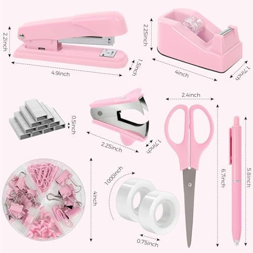 SKYDUE Pink Office Desk Accessories, Pink Office Supplies, Stapler, Tape Dispenser, Scissors, Clips and 1000pcs Staples,Office Supplies for Desk for Women 6