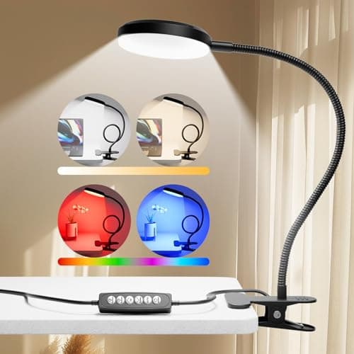 Reifeiniwei Desk Lamp with Clamp-10W，2-in-1 with RGB Ambient & Warm White Light,Book Reading Light Color Changeable/Flexible Gooseneck LED Lamps Clip on Bed Headboard and Computers 800LM-Black