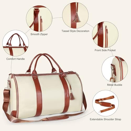 Convertible Garment Duffle Bag for Travel, Carry On Garment Bag with Shoe Pouch, PU Leather, 2 in 1 Hanging Suit Travel Bags Large Weekender Overnight Bags for Women Men (Beige) 7