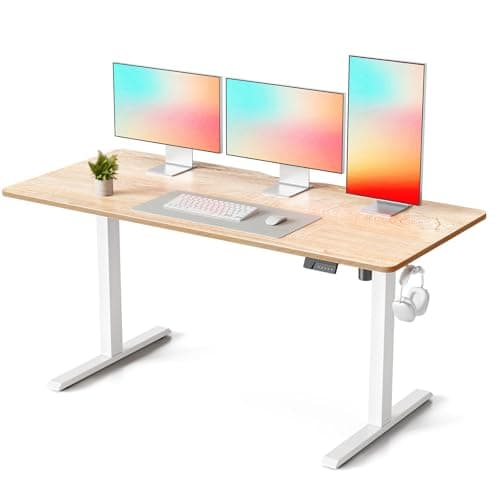 FEZIBO Standing Desk, 60 × 28 Inches Electric Height Adjustable, Sit Stand Up, Computer Office Desk with Splice Board, While Frame/Maple TOP