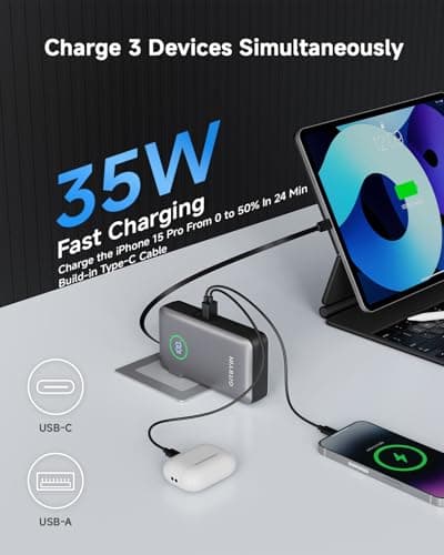 Portable Charger with Built in 25.6in Retractable Cable and Wall Plug, 10000mAh USB C Travel Power Bank, 35W Fast Charging Battery Pack Compatible with iPhone 16 15 14 13 Samsung Android Phone etc 3