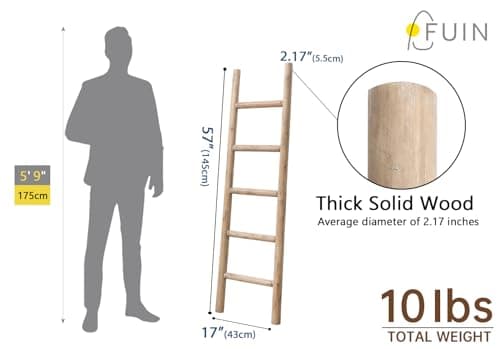 FUIN 57in Wood Blanket Ladder Living Room Decorative Wall Leaning Farmhouse Quilt Display Holder Rustic Wooden Towel Rack for Bathroom, Brown 5