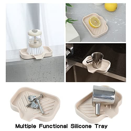 MicoYang Silicone Bathroom Soap Dishes with Drain Spout-Bathroom and Kitchen Sink Organizer,Sponge Holder,Dish Soap Tray,Perfect for Dispenser,Scrubber,Bottle,Cup on Sink or Counter-Tapioca 4.9"×3.2" 5