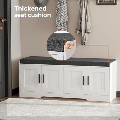 Homleke 2-Tier Storage Bench, Shoe Bench with Thickened Padded Seat Cushion, Entryway Bench with 4 Doors, Adjustable Shelf, 13.8" D x 45.3" W x 18.5" H, for Entryway, Living Room, Bedroom, White 5