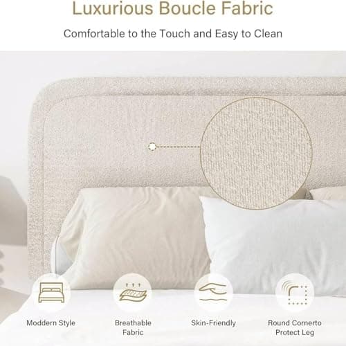 BarnFurin King Bed Frame and Headboard, Cloud Boucle Upholstered Platform Bed Frame, Modern Style, Soft Rounded Corners, No Box Spring Required, Easy Assembly, Beige 5