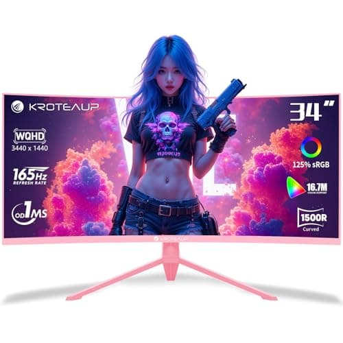 Kroteaup Pink 34 Inch Curved Gaming Monitor, 3440x1440 165Hz Ultrawide Computer Monitor, HDR400 1500R -Pip 1ms(Mprt) ‌125% sRGB, Dci-P3 92%, HDMI/DP, Port, Suitable for Games and Office Work