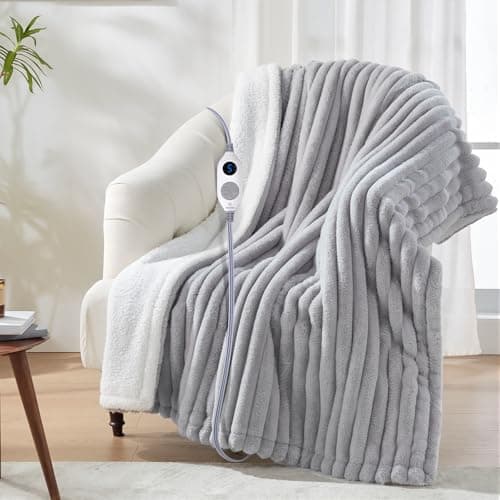 Westinghouse Electric Blanket Heated Throw, Super Cozy Luxury Faux Fur & Sherpa with 6 Heating Levels & 2-10 Hours Auto Off, Fast Heating & Overheat Protection, 50x60 Inch, Light Grey