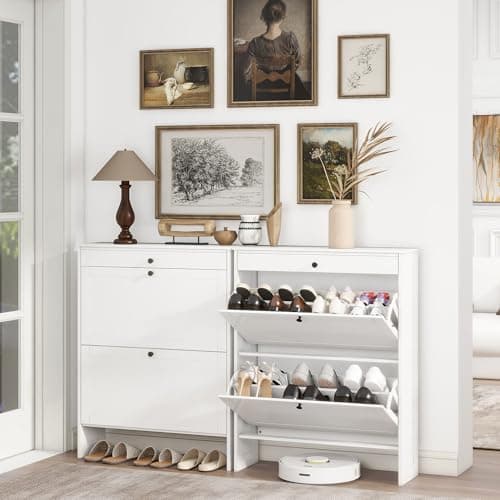 FTZxHKLX Shoe Cabinet with 2 Flip-Up Doors & Drawer, Slim Shoe Cabinet with Adjustable Shelves & Elevated Design, Freestanding Narrow Shoe Storage Organizer for Entryway, Hallway, Foyer, White 3