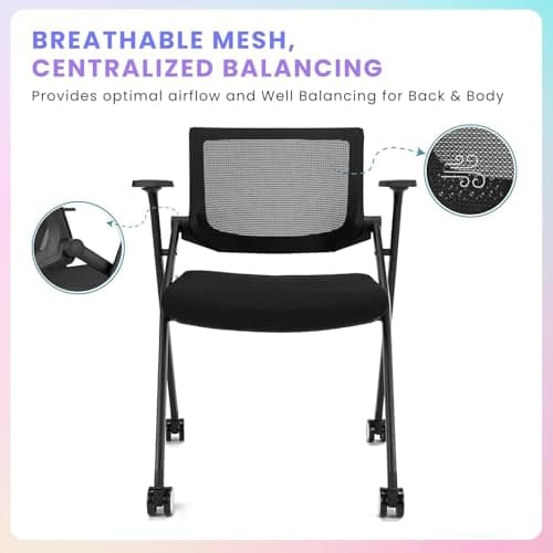 BROBRIYO Folding Chair with Wheels and Paddle, Ergonomic Mesh Back and Arms for Office, Meetings, Conferences, Receptions, Training Rooms & Folding Office Chairs - Black 2 Pack 5