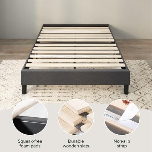 Zinus Curtis Upholstered Platform Bed Frame, Mattress Foundation, Wood Slat Support, No Box Spring Needed, Eco Friendly WonderBox (TM) Packaging, Dark Grey, Queen 5