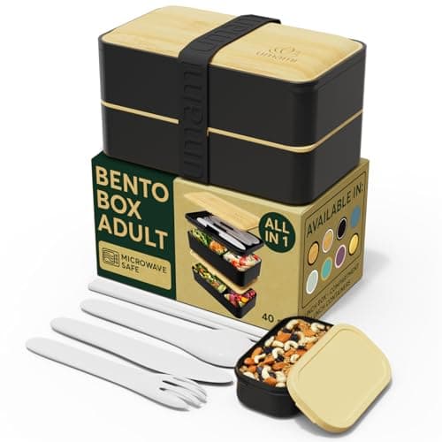 Umami Bento Box Adult All-In-1 w/4 Utensils, Big Sauce Jar, 2 Dividers, 100% Leakproof, Microwave & Dishwasher Safe Stackable Bento Lunch Box Containers for Men/Women, Black & Bamboo, 40 oz