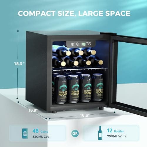 EUHOMY 48 Can Beverage Refrigerator cooler-Mini Fridge Glass Door for Beer Drinks Wines, Countertop Beverage Fridge with Adjustable Shelves Blue LED for Home/Office/Dorm/Bar, 1.3 cu.ft 2