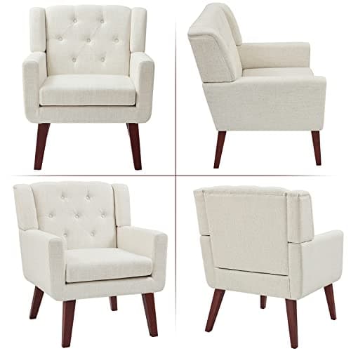 Living&Giving Accent Chair Button-Tufted Upholstered Living Room Chairs Comfy Reading Mid Century Modern with Linen Fabric Lounge Arm for Bedroom (Beige) 29.33D x 28.94W x 34.65H Inch 8