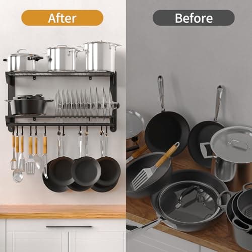 Taozun 30 Inch Pot and Pan Organizer, 2 Tier Heavy Duty Pot Rack Wall Mounted with 12 Hooks, Kitchen Cookware Utensils Hanger Organizers and Storage 5
