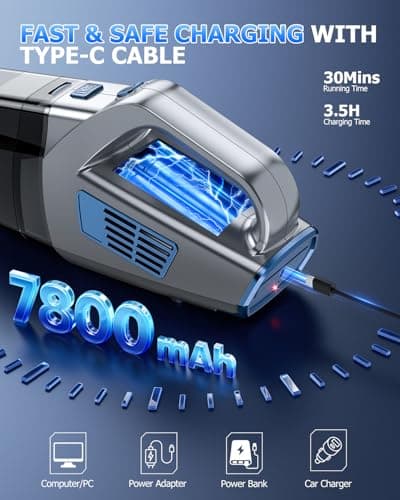 BQYPOWER Handheld Vacuum Cordless, 16000PA Strong Suction Hand Held Vacuum Dust Busters Cordless Rechargeable with Multiple Accessories, Portable Car Vacuum Cleaner High Power for Car Home Office 5