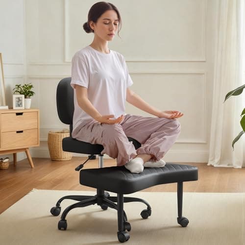 Shahoo Ergonomic Cross Legged Office Chair with Wheels - Adjustable Height Kneeling Meditation Chairs for ADHD, Yoga & Desk Work - Wide Criss Cross Seat with Lumbar Support, (Faux PU,Black)