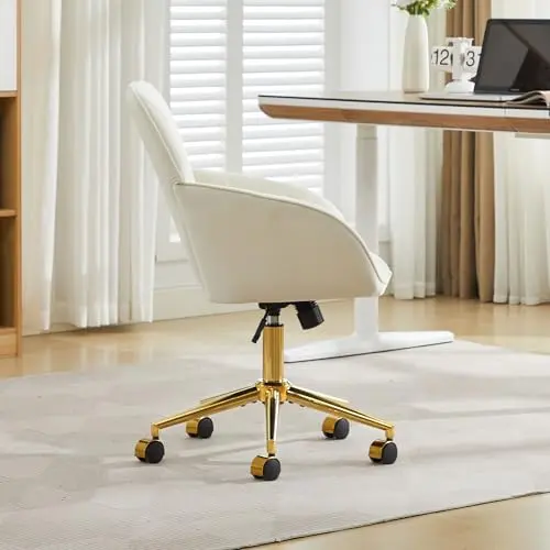 YITAI Velvet Office Desk Chair with Wheels and Gold Base,Modern Height Adjustable 360 Degree Swivel Upholstered Vanity Chairs with Arms for Living Room Bedroom, Study,Cream 5