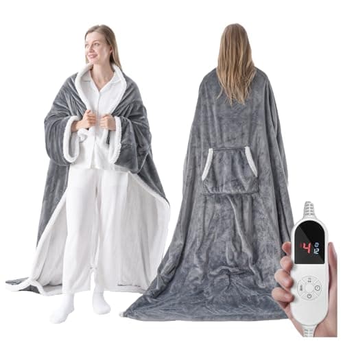 Wearable Heated Blanket with Foot Pocket, Wearable Electric Throw Blanket with Sleeves, Flannel & Sherpa Heated Throw Blanket with 6 Heat Settings,1-12 Hours Auto Shut-Off, Gift for Women, 52"x72"