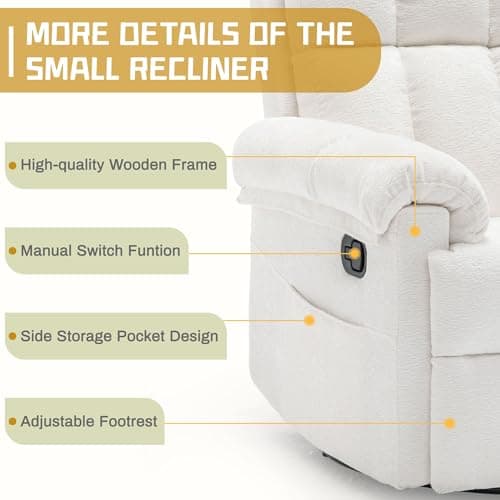 Korser Recliner Chair, Swivel Rocker Recliner Chair for Adults, Small Recliners for Small Spaces, Upholstered Manual Recliner with Side Pockets, Nursery Rocking Chair for Living Room, Chenille, Beige 6