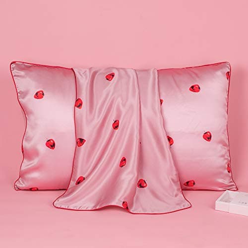 THXSILK Silk Pillowcase, 19 Momme Mulberry Silk, Strawberry Decorative, Best for Skin and Hair, Ultra Smooth Durable - Queen Size, Pink