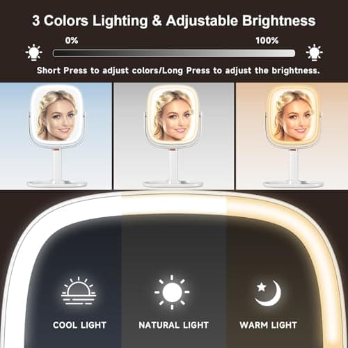 Mocado Makeup Mirror with Lights, 1X/20X Magnifying Mirror with Light, Vanity Mirror with 3 Colors Lights, Height Adjustable Lighted Makeup Mirror, Double Sided 360°Rotation, Memory Function (White) 6