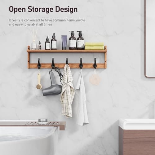 Tatub 29'' Coat Rack Wall Mount with Shelf, Wood Wall Hooks with Storage, Entryway Shelf with 5 Hangers for Bathroom, Living Room, Bedroom, Rustic Brown 5