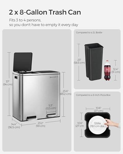 SONGMICS Trash Can, 2 x 8 Gallon (2 x 30 L) Garbage Can for Kitchen, with 15 Trash Bags, 2 Compartments, Plastic Inner Buckets and Hinged Lids, Airtight, Silver and Black ULTB60NL 5