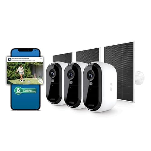 Arlo Essential Security Camera (3rd Gen - 2025 Release) 3 Cam + 3 Solar Panels + 6 Months of Secure Plus Plan - 2K, Person Recognition, Package Detection, Animated Preview, Dual-Band WiFi, White