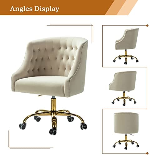 Velvet Home Office Chair with Gold Base, Comfortable Modern Cute Desk Chair, Adjustable Swivel Task Chair for Living Room Bedroom Vanity Study, Tan 6