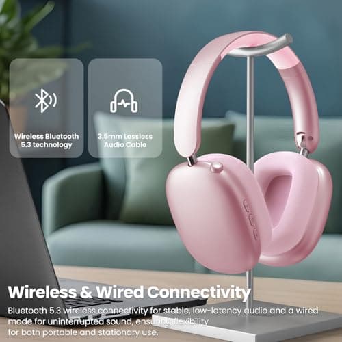 Wireless Over Ear Headphones, Noise Canceling Bluetooth 5.3 Headphones with Microphones,Hi-Res Audio,48H Playtime,Foldable,Breathable Soft Earpads for iOS/Android/Samsung/PC-Pink 6