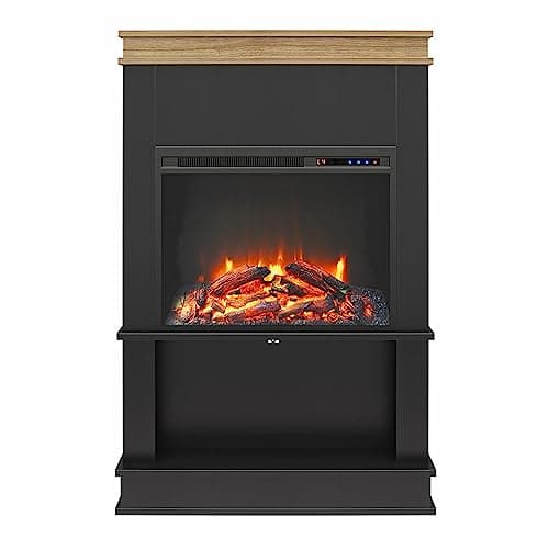 Ameriwood Home Mateo 30 Inch Electric Fireplace with Mantel and Shelf, Replaceable Fireplace Insert Heater, Freestanding, Remote Control, Timer, Realistic Log and Flame Effect, Black 2