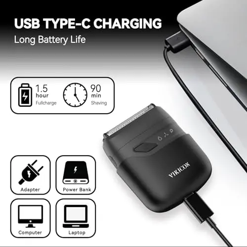 VIKICON® Electric Foil Shavers for Men, Compact Travel Face Shaver, Mini Razor for Shaving Face, Portable On-The-Go Shaver w/Dual Floating Blades, Close Shave Stubble Trimmer USB-C, Gifts for Dad Him 5