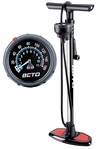 Beto Bike Pump Portable - Bicycle Floor Pump with Industrial Top-Mounted Gauge & Air Bleed Button - Presta Schrader Valve Universal, Steel Tube 160 Psi Max