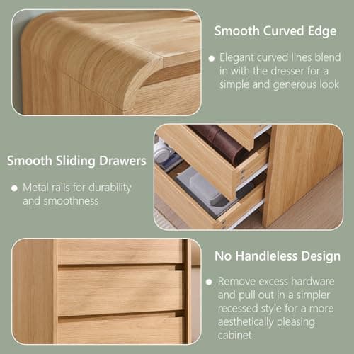 Aitjunz 25" Tall Modern Nightstand with Charging Station, 23.6'' Wide Wood Bedside Table w/3 Storage Drawers, Small Dresser w/Curved Profile Design, End Table for Bedroom, Natural Oak 5